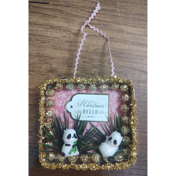 Panda Christmas Ornament Handmade Vtg Style OOAK Miniature Tobacco Tin Diorama - Picture 2 of 3